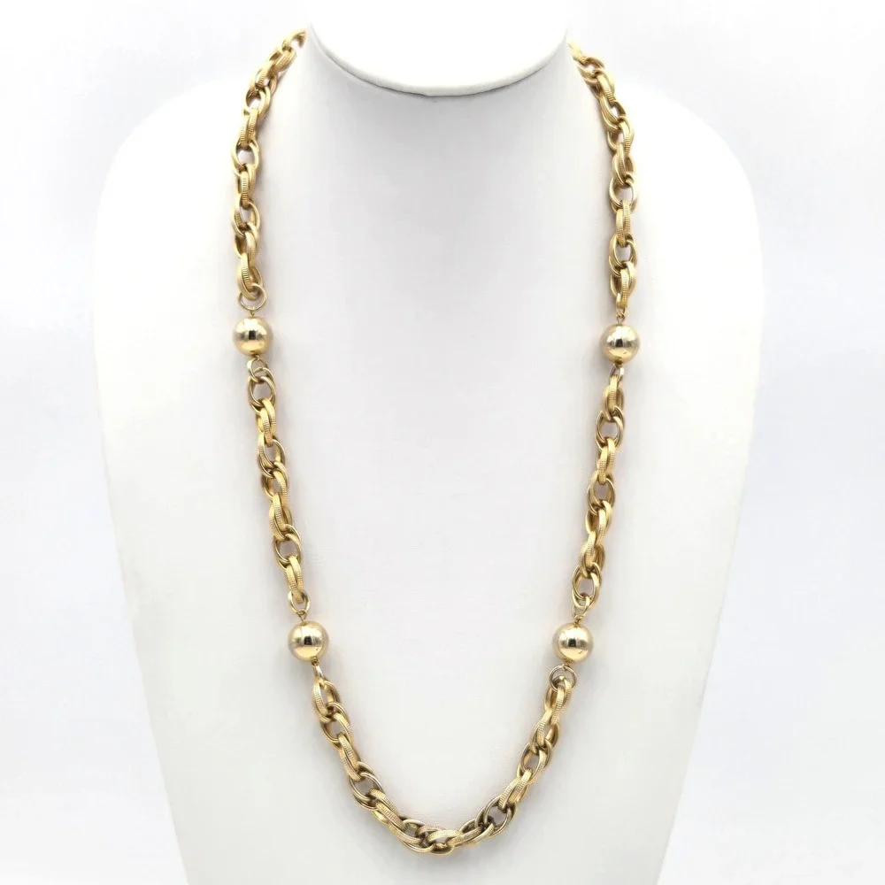 Vintage‎ Gold Tone Necklace Textured Double Link Chain with 14mm Polished Beads